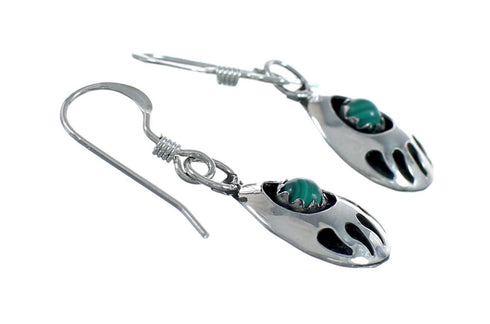 Genuine Sterling Silver Malachite Bear Paw Navajo Indian Dangle Earrings NN20312